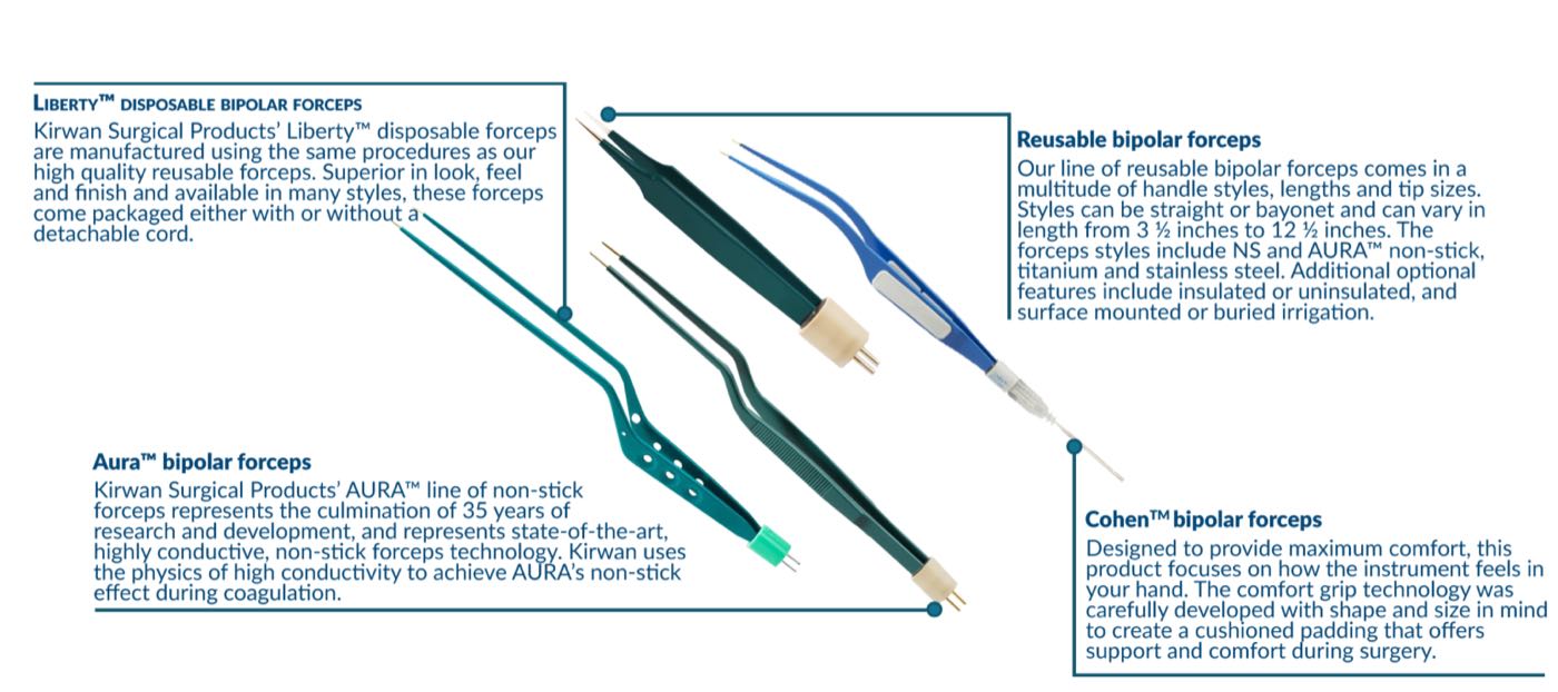Liberty, Aura, reusable and Cohen bipolar forceps