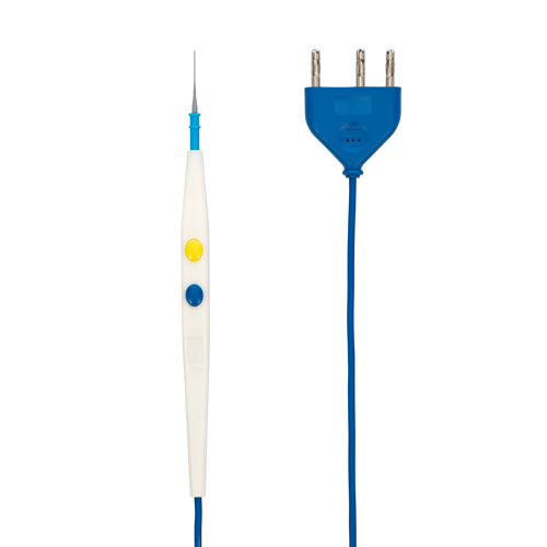 Electrosurgical pencil with cut and coagulation buttons and a three-pin connector