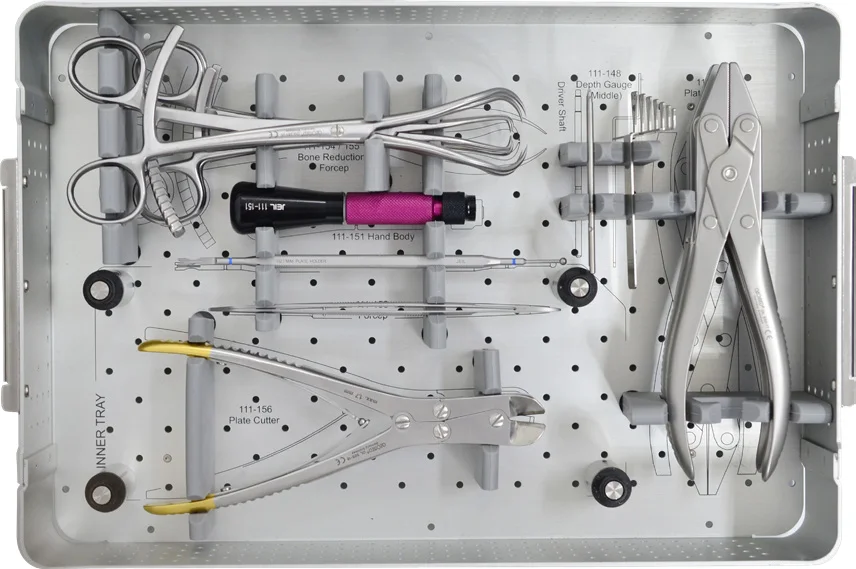 The sternal closure set, open: plates, screws and instruments in a sterilizable case